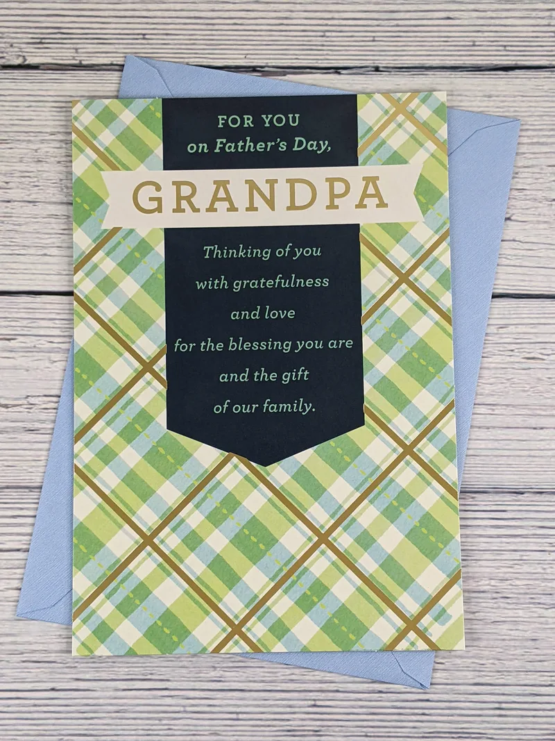 A religious Father's Day card for a grandpa. There is a green plaid design on the cover.