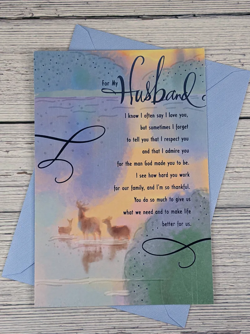 A Father's Day greeting card for a husband, with a religious message, and an image of deer on a watercolor background.
