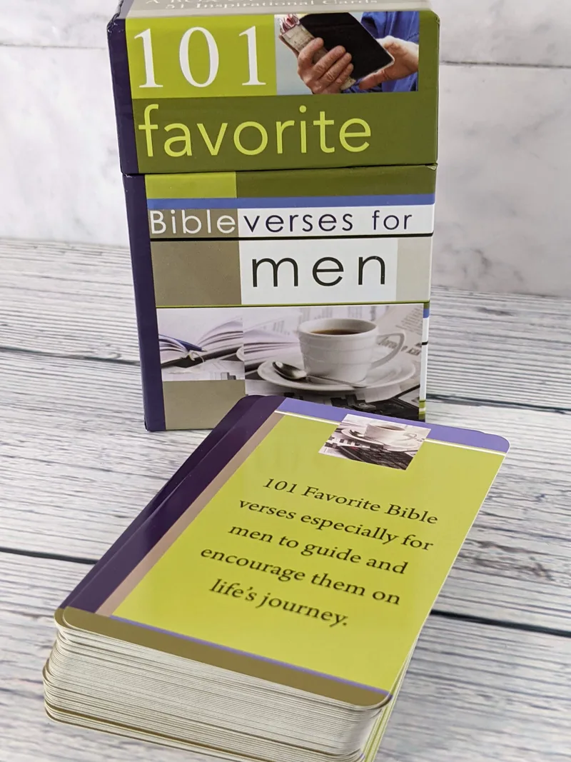 A box of pocket cards with 101 encouraging Bible verses for men.