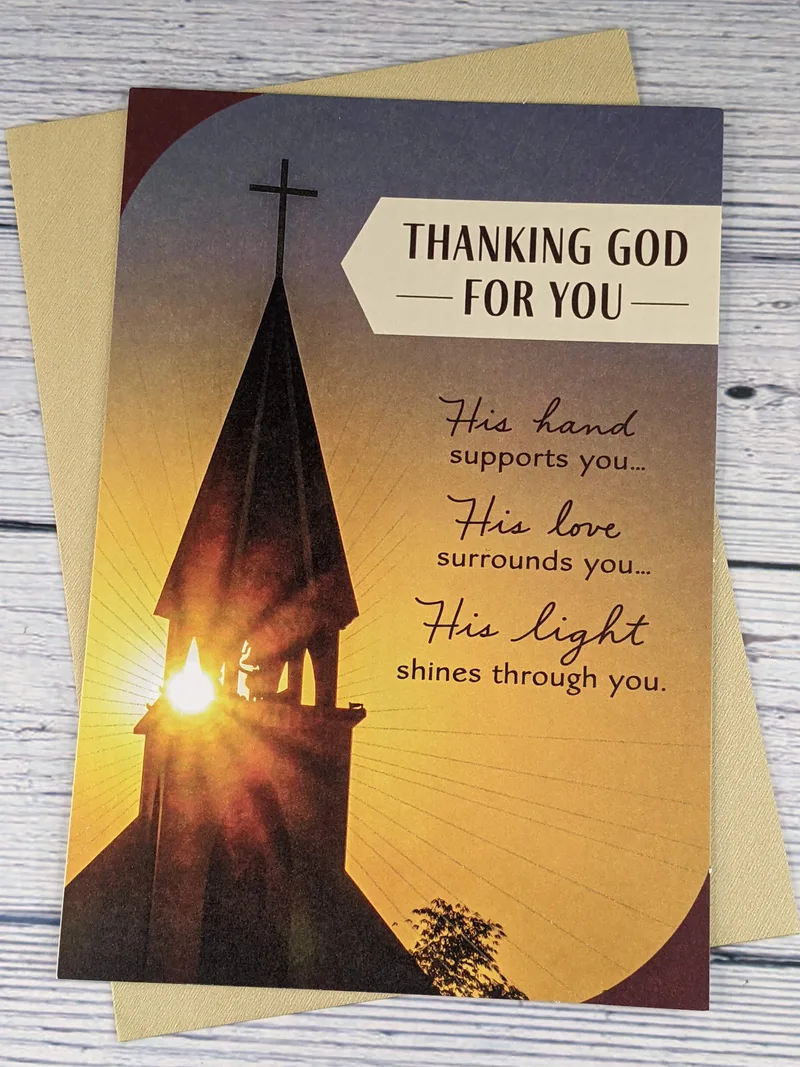 A Christian ministry appreciation card with an image of a church steeple in front of a golden sunrise.