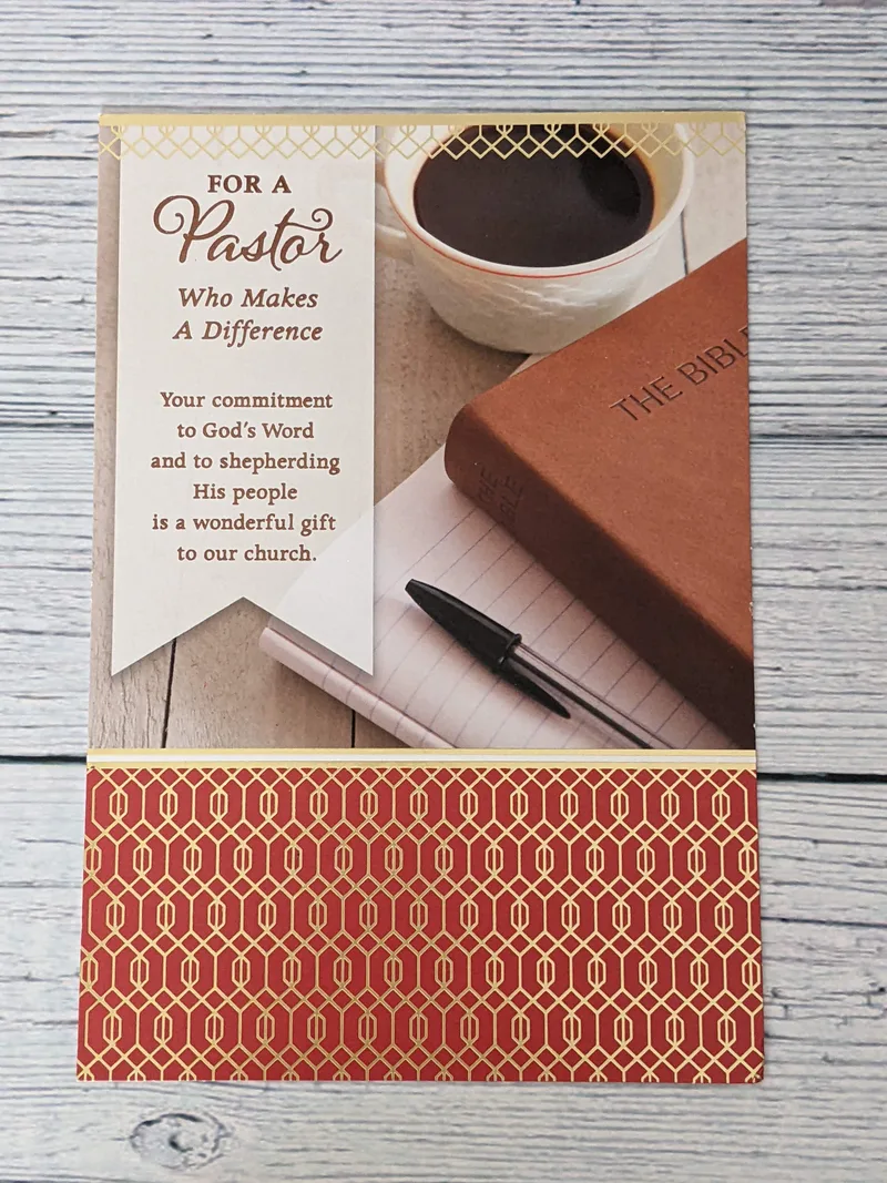 A Pastor appreciation greeting card with an image of a cup of coffee and a brown Bible.
