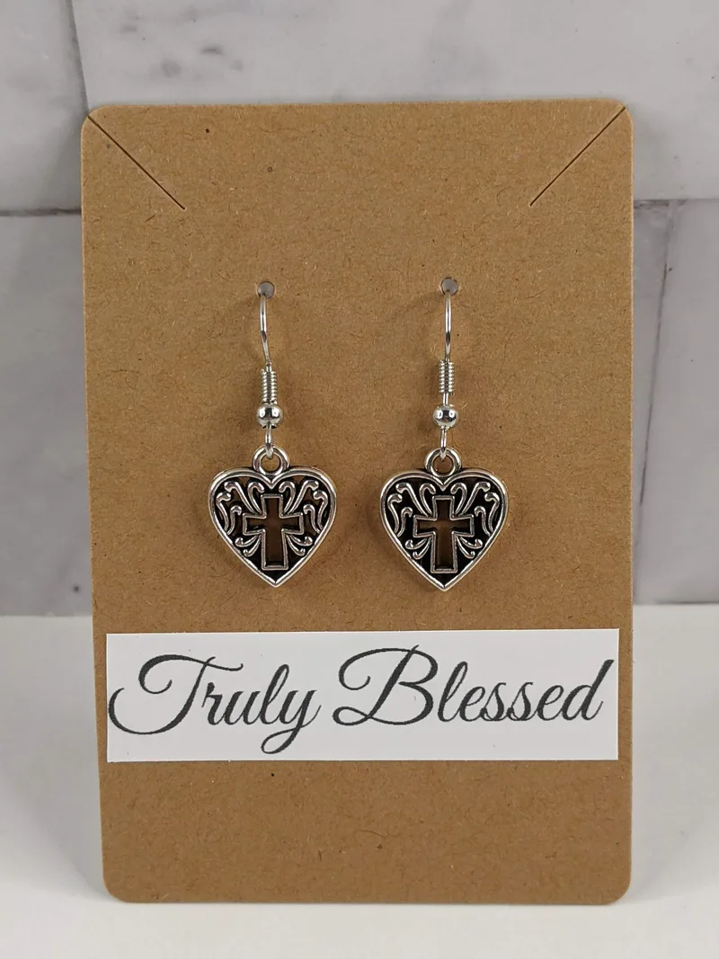 Truly Blessed Heart Cross Earrings - Silver